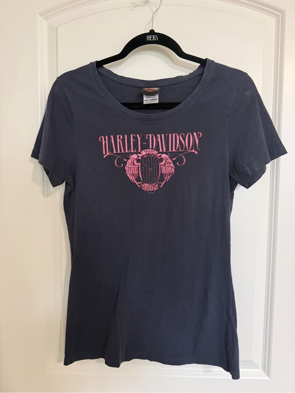 Harley-Davidson Women's Dark Blue Short Sleeve Tee with Pink Logo